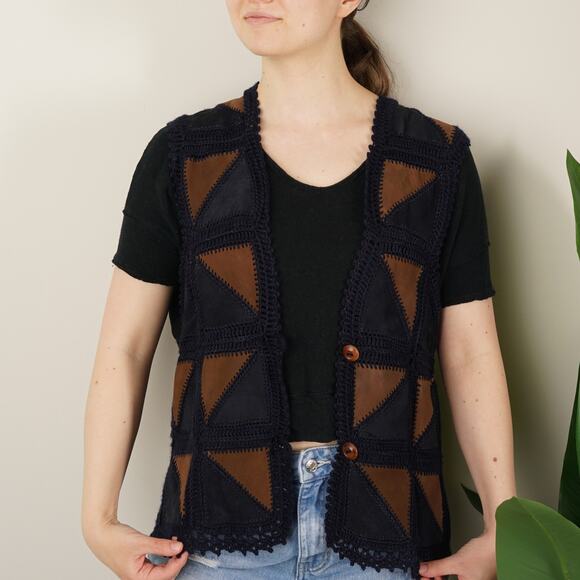 Vintage 1970s Suede Crochet Patchwork Vest Wooden Buttons Triangle Sleeveless